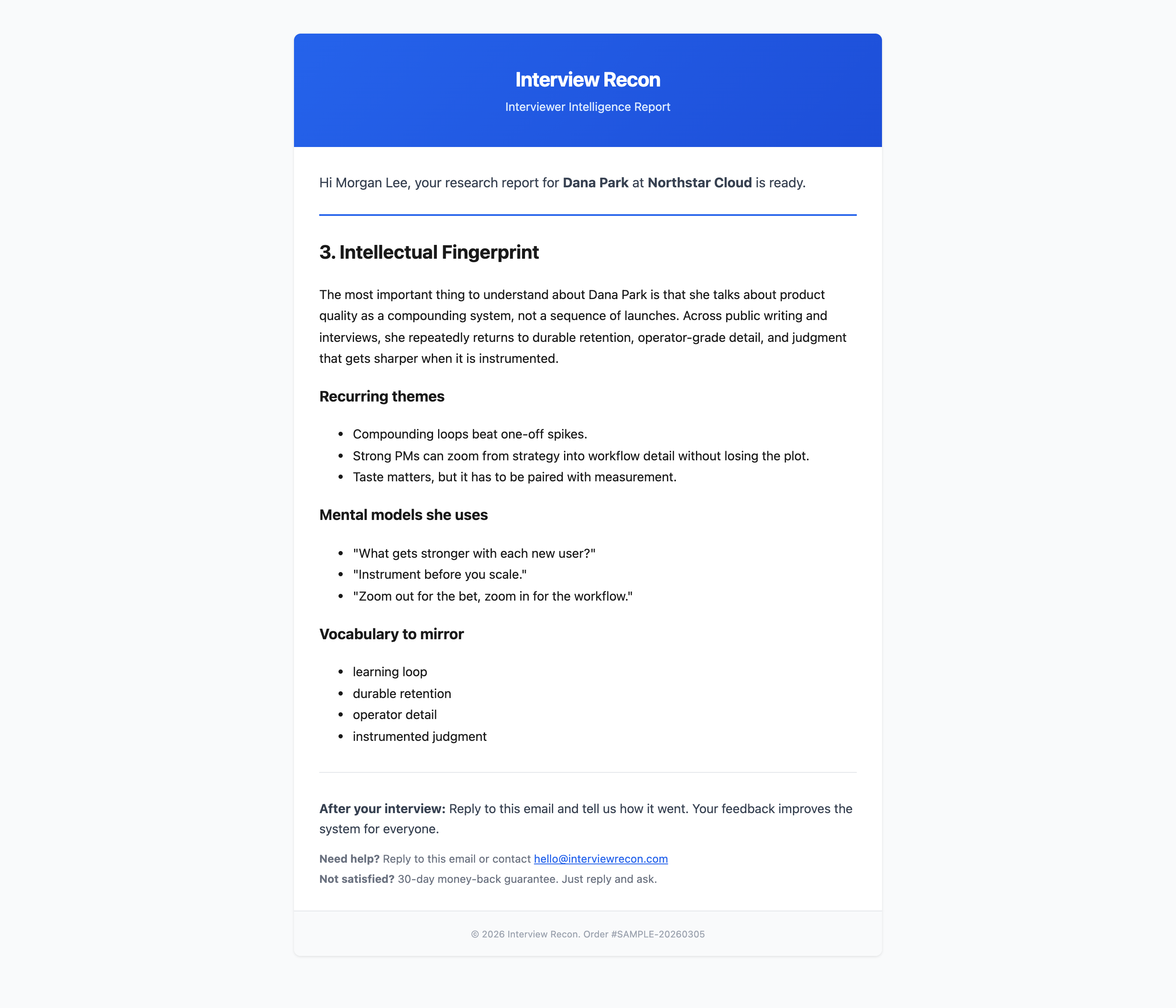 Sample Interview Recon email screenshot showing the Intellectual Fingerprint section.